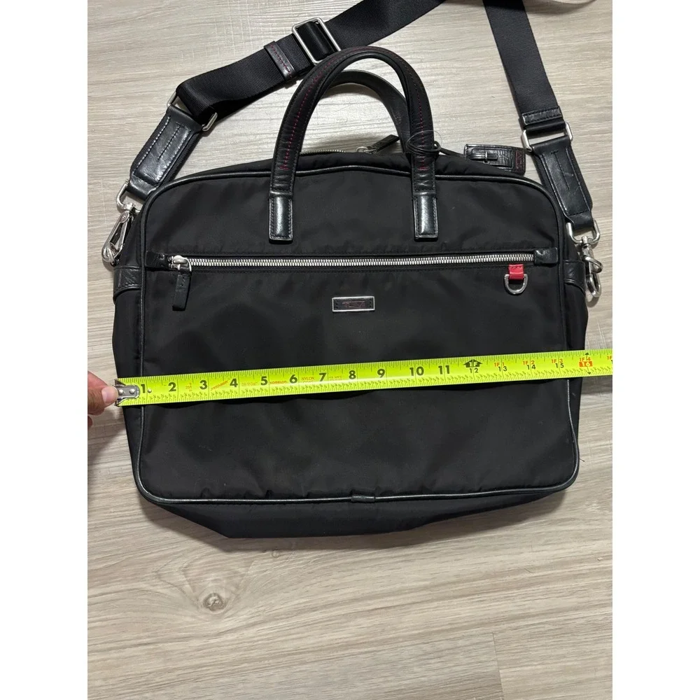 Tumi Black Ballistic Nylon Leather Trim Briefcase Messenger Bag Red Stitching